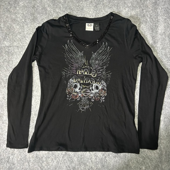 Harley-Davidson Tops - Harley Davidson Sequin Women's Large V Neck Skull Long Sleeve Black Shirt Y2k